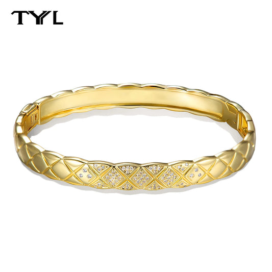 TYYL Vintage Glossy Diamond-shaped Cross Bracelet for Women Gold Plated Rhombus Zircon Quilted Surface Texture Bangle Jewelry